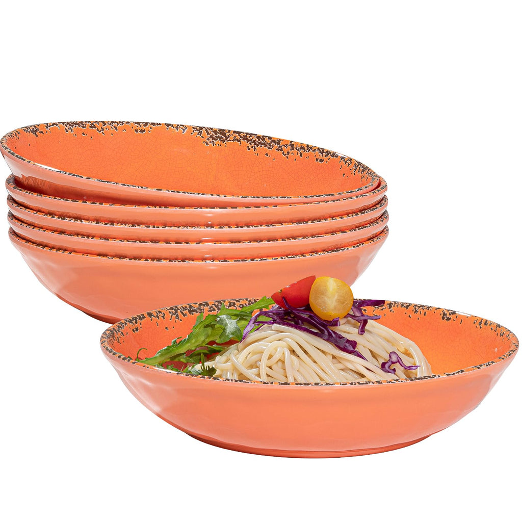 ZAROCRUS Farmhouse Melamine Pasta Bowls set, 42 OZ Large Fruit Bowl, Lightweight and Unbreakable Salad Serving Bowl, Set of 6, 9.25 inch Wide and Shallow Dinner Bowls, Dishwasher Safe,Orange…