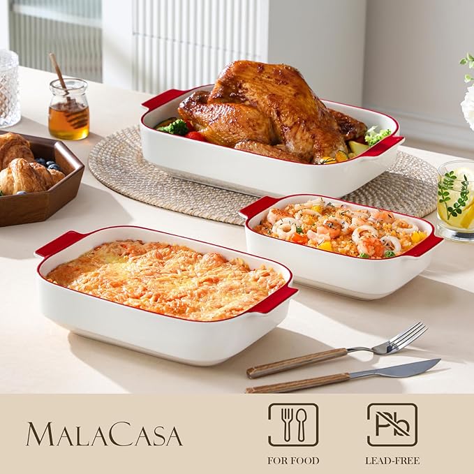 MALACASA Ceramic Casserole Dishes Set of 3, Red Trim Baking Dish for Oven