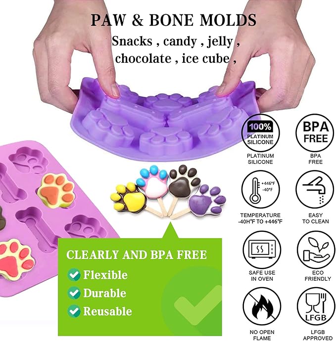SAGOOITS 2 in 1 Puppy Dog Paw and Bone Silicone Molds,SAGOOITS Non-Stick Food Grade Silicone Molds for Chocolate, Candy, Jelly, Ice Cube, Dog （Set of 6 PCS)