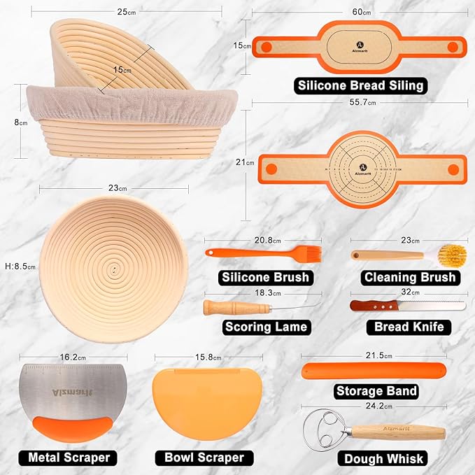 Alzmarlt 9-Inch Round & 10-Oval Bread Banneton Proofing Basket - Set of 2, Sourdough Baking Supplies with Bread Knife & Silicone Sling