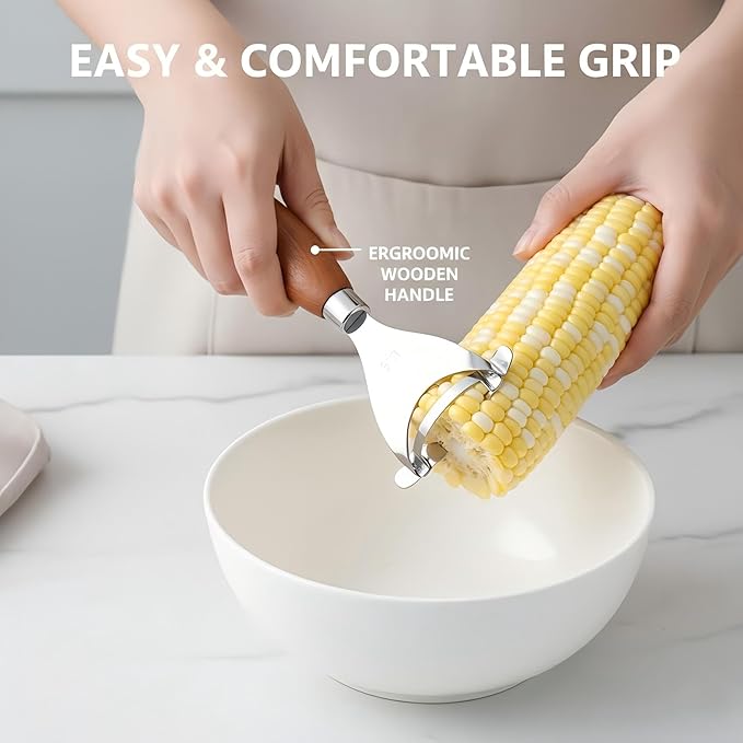 Phmnkl Corn Kernel Remover, 1-Second Stainless Steel Corn Stripper with Walnut Handle, Dishwasher Safe Kitchen Tool for Salad Salsa Popcorn, BBQ Prep Gadget, Farmhouse Kitchen Gift