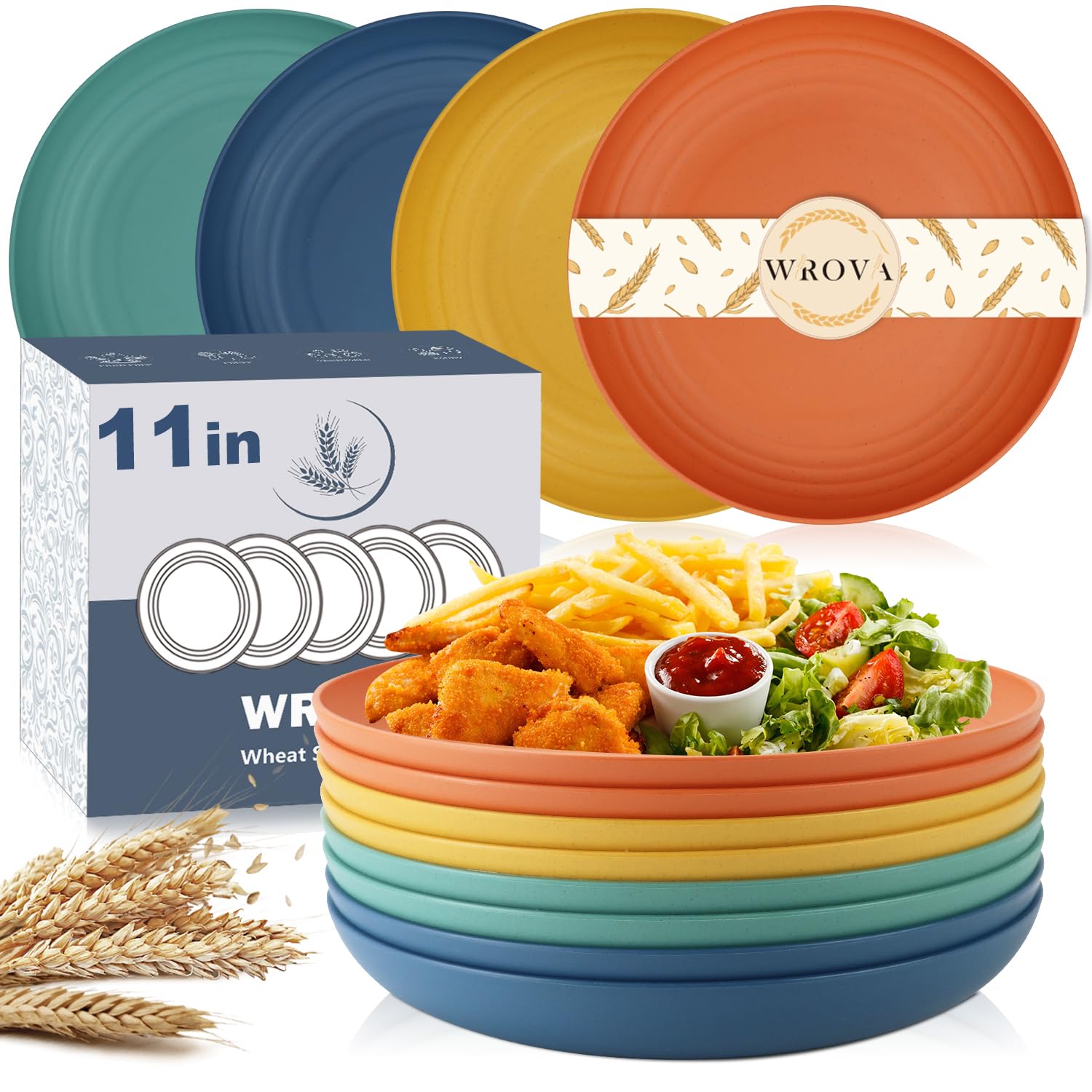 Wrova Large Wheat Straw Dinner Plates - 11 Inch Unbreakable Big Set of 8 - Dishwasher & Microwave Safe Plastic Plates - Deep Edge for Kitchen & Camping (Colorful)