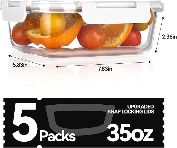 BAYZZ 5 Pack 35 Oz Glass Food Storage Containers with Lids, White