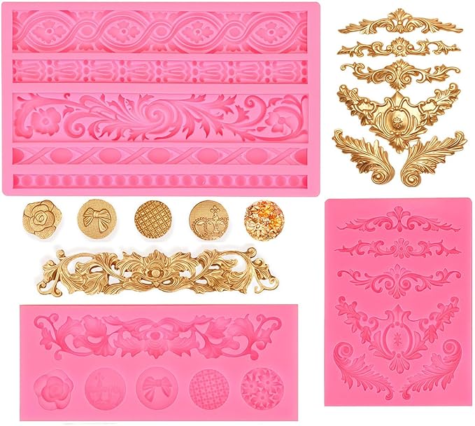 JOERSH Baroque Scroll Fondant Silicone Molds, 3Pcs