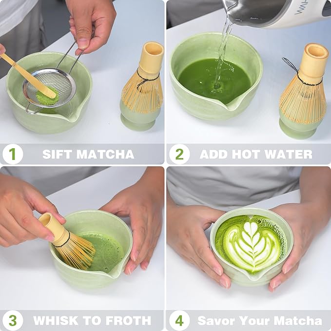Matcha Whisk Set, Ceramic Matcha Bowl with Spout, Bamboo Whisk, Chasen Holder, Sifter, Traditional Scoop, Complete Tea Making Kit for Matcha Lovers, Beginner Starter Gifts for Women Men