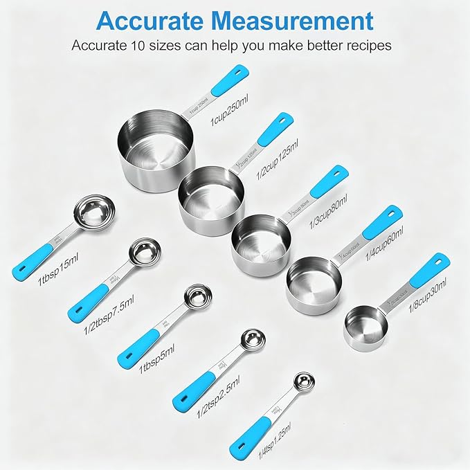 Bopei Measuring Cups and Spoons Set Stainless Steel 10 Piece for Cooking and Baking (5 Cups + 5 Spoons, Light Blue Handle)