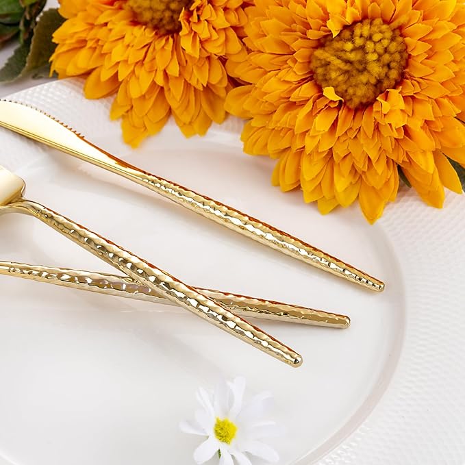 Rubtlamp 90Pcs Gold Plastic Silverware, Gold Disposable Utensils, Hammered Plastic Silverware, Plastic Forks And Spoons Set Include 30 Forks, 30 Knives,30 Spoons For Daily Use