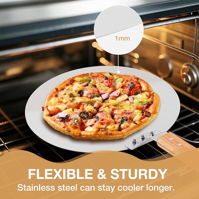FLYZZA 12 Inch Stainless Pizza Peel, Pizza Spatula with Ergonomic Long Wood Handle for Pizza Oven Baking, Turing Peel for Pizza, Dough, Bread Pastry