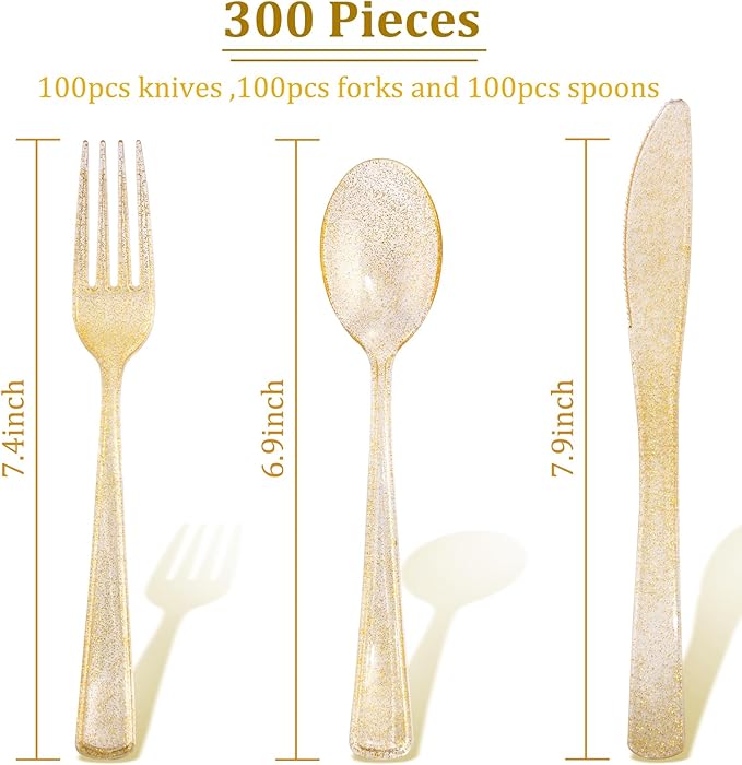 Supernal 300pcs Gold Glitter Plastic Silverware, Disposable Cutlery Set