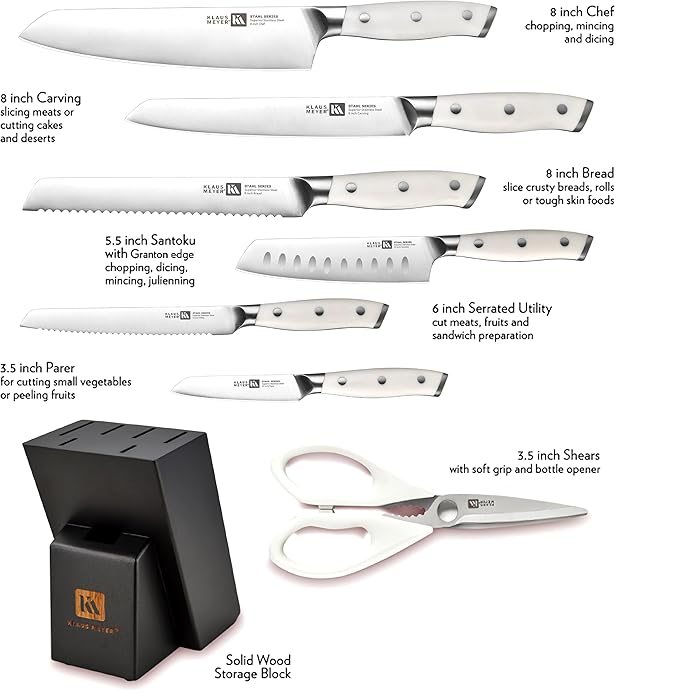 Klaus Meyer Stahl 8-Piece German Steel Kitchen Knife Block Set (White)