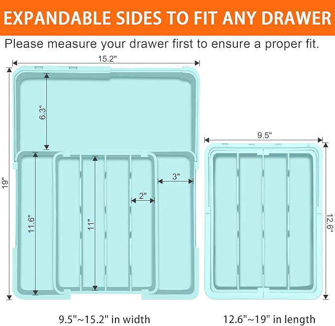 Spaclear Silverware Organizer - Expandable Silverware Drawer Organizer Adjustable Drawer Organizer, Silverware Tray for Drawer15.2"x 19" Cutlery Drawer Organizer, Kitchen Organizers Storage, Turquoise