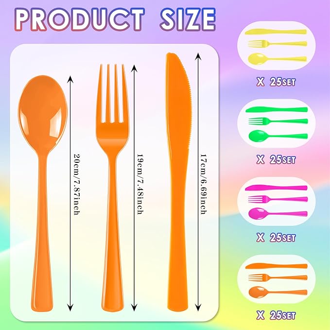 ALEXPRE 300 Pack Neon Party Disposable Plastic Silverware Heavy Duty, Plastic Cutlery Set, Forks and Spoons Knives Set for Birthday Party Prom Night, Weddings（Orange,Green, Hot Pink, Yellow Colors）