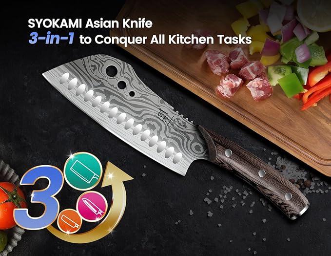 SYOKAMI Cleaver Chef Knife with Herb Stripper, 7" Asian Kitchen Knife