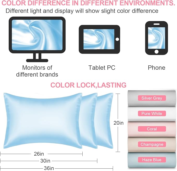 LYSHIN Silk Pillow Cases Standard Size with Hidden Zipper, Sky Blue