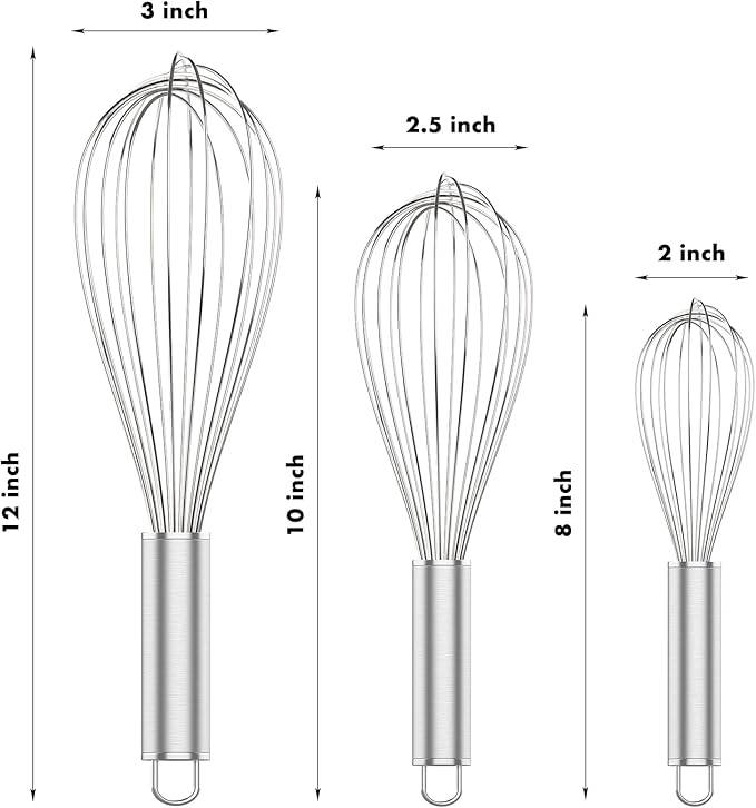 OYV 304 Stainless Steel Whisk Set, Dishwasher Safe Rustproof Metal Whisk, Professional Balloon Wire Whisks for Kitchen Cooking, Perfect For Blending, Whisking, Baking, Beating, 3 Packs (8" 10" 12")