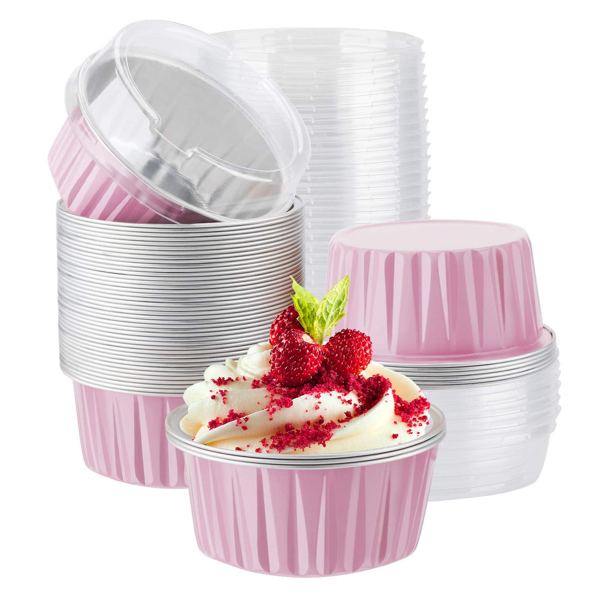 EUSOAR Cupcake Liners for Baking, 50pcs 5oz Muffin Liners, Disposable Foil Ramekins, Dessert Containers, Aluminum Foil Baking Cupcake Cups Holders Pans with Lids 5 Colors Mixed