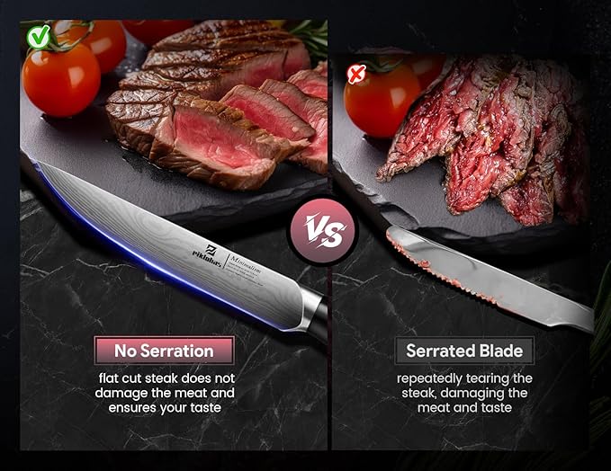 Piklohas Steak Knives Set of 4, 4.6 Inch Non Serrated Dinner Knife, Forged German Steel Damascus Pattern Straight Edge Meat Knife with Full Tang Handle, Dishwasher Safe, Ideal for Gift