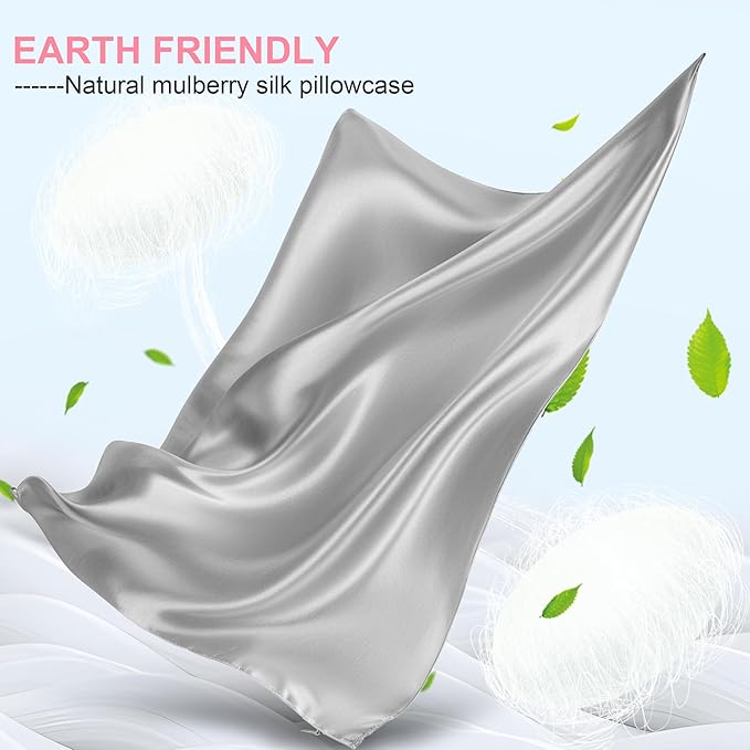 Silk Pillow Cases 2 Pack Standard Size with Hidden Zipper, Mulberry Silk Pillowcase for Hair and Skin, Smooth and Soft Breathable Cooling Silk Satin Pillowcase Set of 2, Gifts for Women，Light Grey
