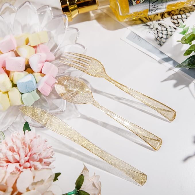 Supernal 300pcs Gold Glitter Plastic Silverware, Disposable Cutlery Set