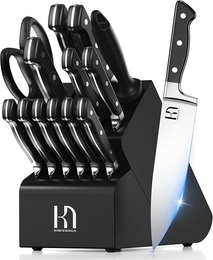 KnifeSaga Japanese Knife Set with Sharpener, Premuim, Razor Sharp, 15 Pcs