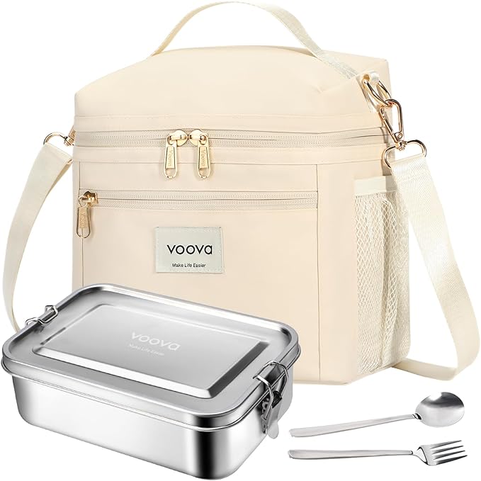Voova 42 oz Stainless Steel Bento Lunch Box Set with Bag, Beige