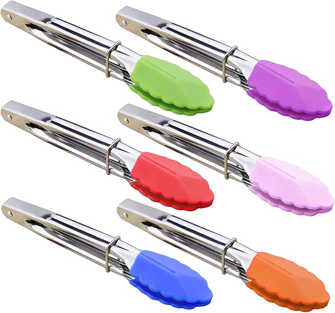 HINMAY Small Tongs with Silicone Tips 7-Inch Mini Serving Tongs, Set of 6
