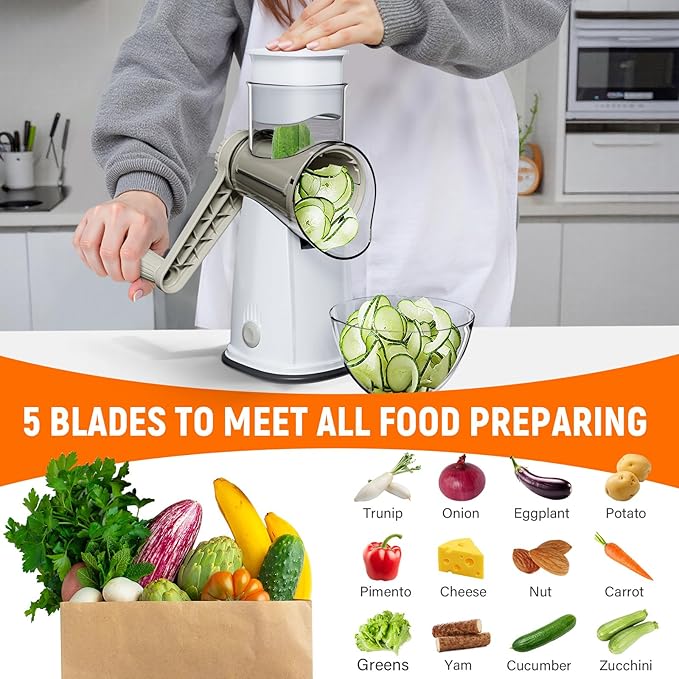 Rotary Cheese Grater Hand Crank, 5-in-1 Vegetable Chopper Spiralizer Slicer