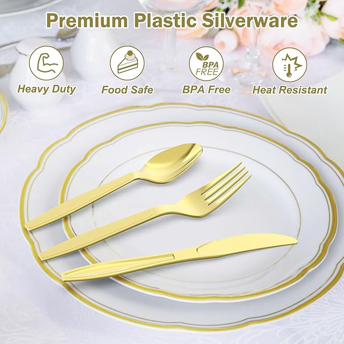 Dealusy 300 Count Extra Heavy Duty Gold Plastic Silverware, 100 Forks, 100 Spoons, 100 Knives, BPA-Free, Heat Resistant, Disposable Plastic Utensils Set, Plastic Cutlery Set, Plasticware Bulk