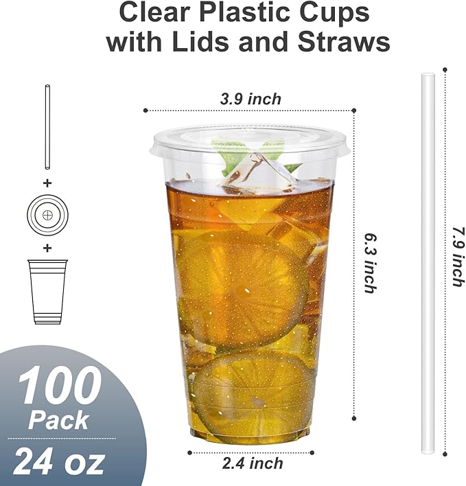 Dealusy 100 Pack - 24 oz Clear Plastic Cups with Lids and Straws, Sturdy & Food Safe Iced Coffee Cups with lids, Disposable Plastic Smoothie Cups for Cold Drinks