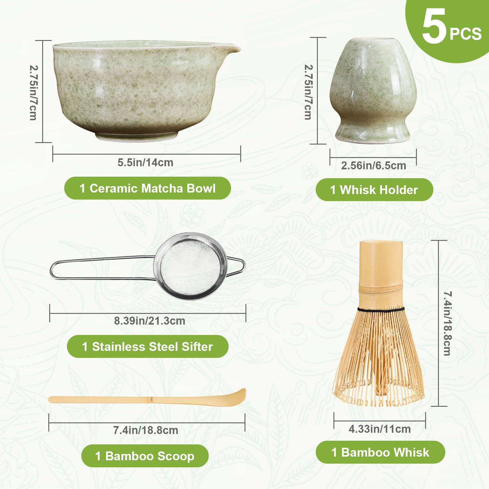 Nigwet 5Pcs Matcha Whisk Set - Matcha Bowl with Spout, 100% Bamboo Whisk (Chasen), Holder, Stainless Sifter, Tea Scoop. Japanese Ceremony Matcha Kit for Beginners, Ideal Gift for Tea Lovers (Green)