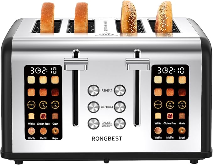 4 Slice Stainless Steel Toaster with 1.5" Wide Slots Digital Touchscreen, Even Toasting for Family Breakfast Bagel & Bread, Reheat & Defrost, Smart Touch Screen, Removable Crumb Tray, Matte Black