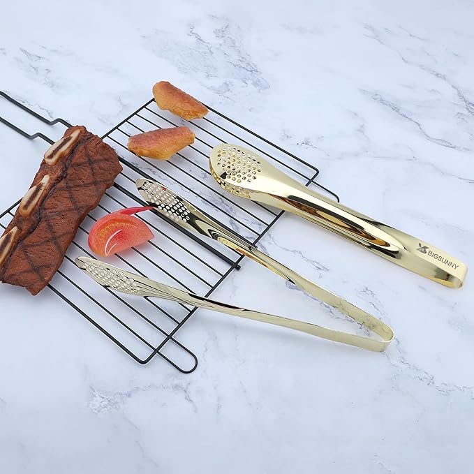 MSY BIGSUNNY Stainless Steel Buffet Tongs - 11" Kitchen Food Tong for Cooking and Serving, Set of 2, Gold