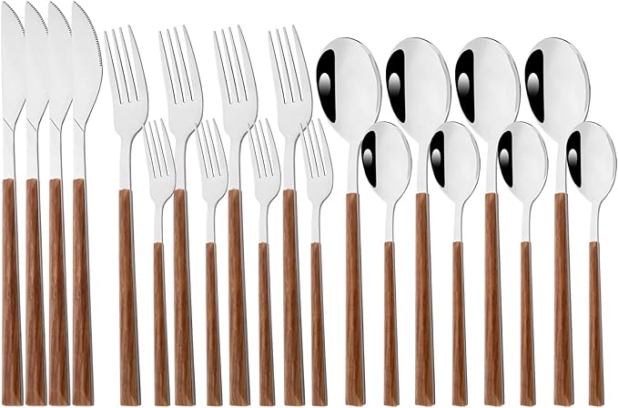 Snplowum 20 Piece (4 Set) Silver Stainless Steel Tableware With Wooden Handle, Wedding Cutlery And Daily Use, Silverware For Home Restaurant Party, Mirror Finished