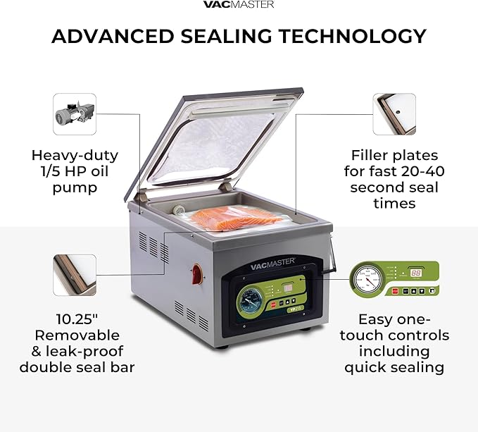 VacMaster VP215 Chamber Vacuum Sealer - Commercial Vacuum Sealer Machine for Food with Oil Pump, 10.25” Seal Bar for 10” x 13” Bags, Food Vacuum Sealer for Sous Vide, Liquids & Food Storage