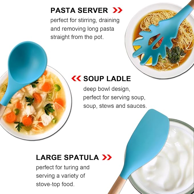 IOCBYHZ Kitchen Utensils Set 6-Piece Non-Stick Silicone Cooking Utensils Set, Wood Handle Heat Resistant Spatula Spoon Turner Ladle Pasta Server Cooking Kitchen Gadgets BPA Free for Nonstick Cookware