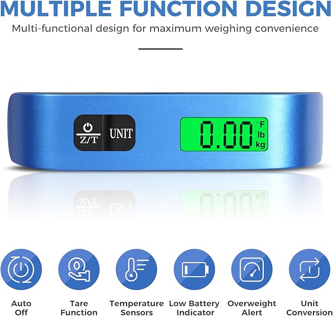 BAGAIL Digital Luggage Scale, 110lbs Hanging Baggage Scale with Backlit LCD Display,Portable Suitcase Weighing Scale,Travel Luggage Weight Scale with Hook,Strong Straps for Travelers(Blue)