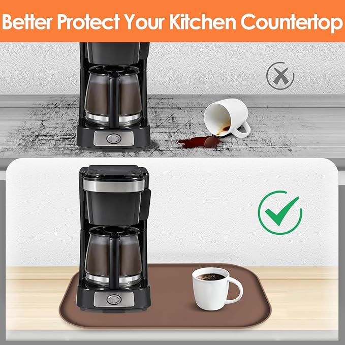 Silicone Coffee Maker Mat with Lip for Countertops, 24'' x 16'', Brown