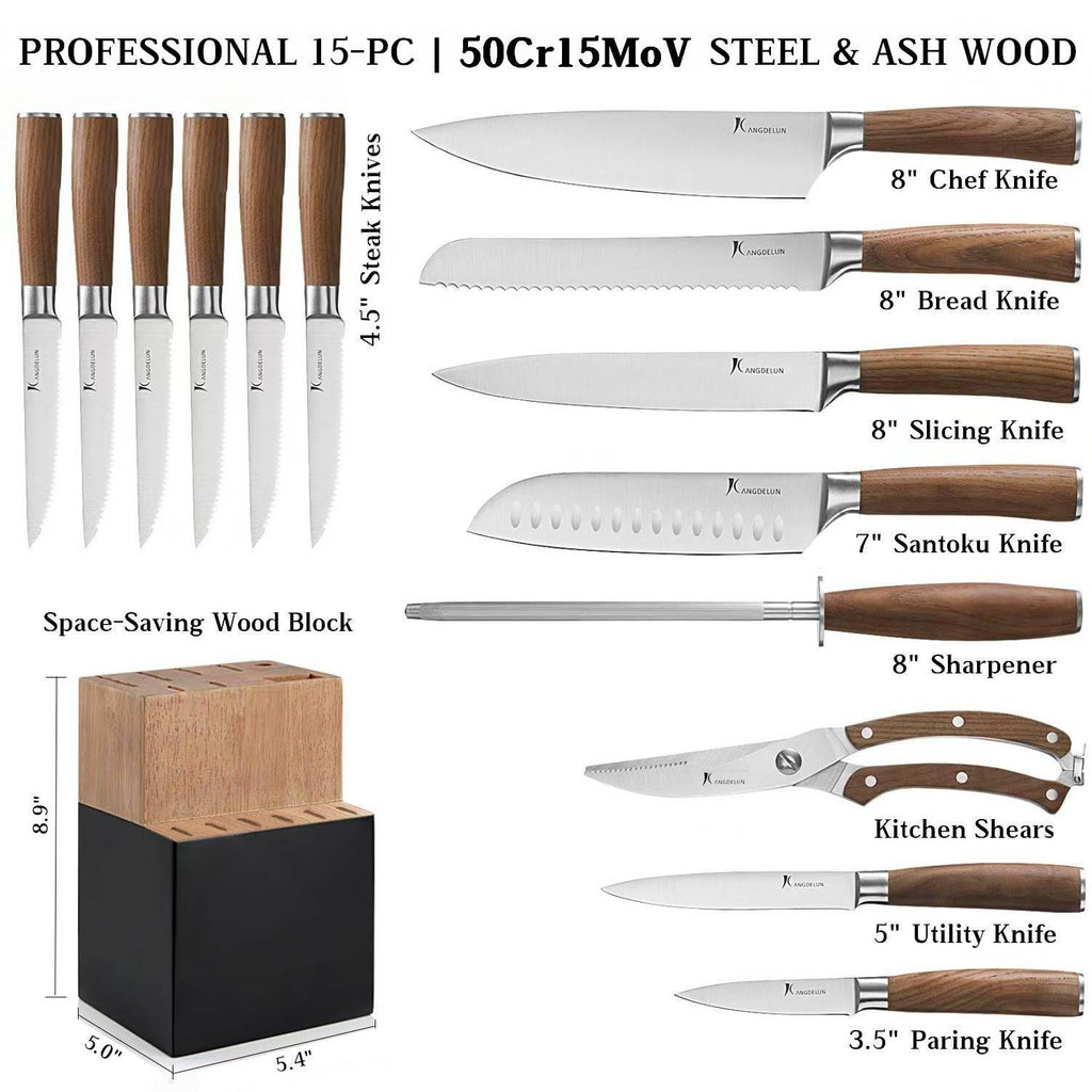 Kangdelun Ultra Sharp 15-Piece Kitchen Knife Set, High Carbon Stainless Steel Blades, Torrefied Brown Wood Handles, Ergonomic Design, Space-Saving Black-Finished Wood Block, Easy Hand Wash, Gift Box
