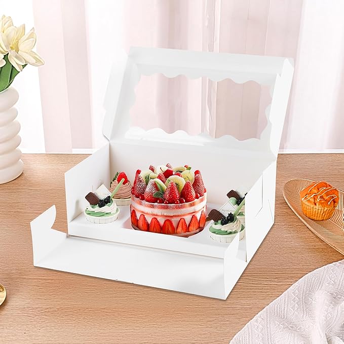 PFAMKEER Bento Cake Box With Cupcakes, Clear Window 5 Holes Bento Combination,6 Sets: Cookie Boxes Fit 4 Regular Cupcake and Mini Cakes, Christmas Wedding Birthday Party (White/clear, 1+4/6pcs)
