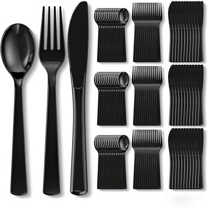 EI 360pcs Black Plastic Silverware,Disposable Cutlery,Plastic Silverware Heavy Duty,Plastic Spoons and Forks include 120pcs Forks,120pcs Spoons and 120pcs Knives,for Wedding,Graduation Decorations
