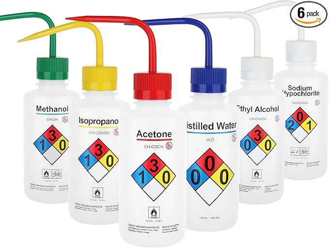 LABINVO Safety Wash Bottles, Vol.500ml, 6PCS of Lab Rinse Squeeze Bottles, Printed Acetone, Ethyl Alcohol, Methanol, Isopropanol, Distilled Water, Sodium Hypochloride, LDPE Material, IN-WBS001
