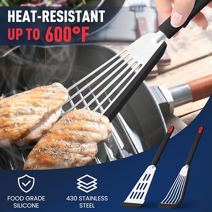 2-Piece Silicone Fish Spatula for Nonstick Cookware,Thin Slotted Turner