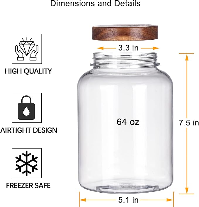 YUEJUM 64 Fluid Ounces Unbreakable & Dishwasher Safe Plastic Apothecary Jar with Wooden Airtight Screw Top Lid, 0.5 Gallon Food Storage Canister for Sugar, Coffee, Cookie, Cereal, Flour Containers