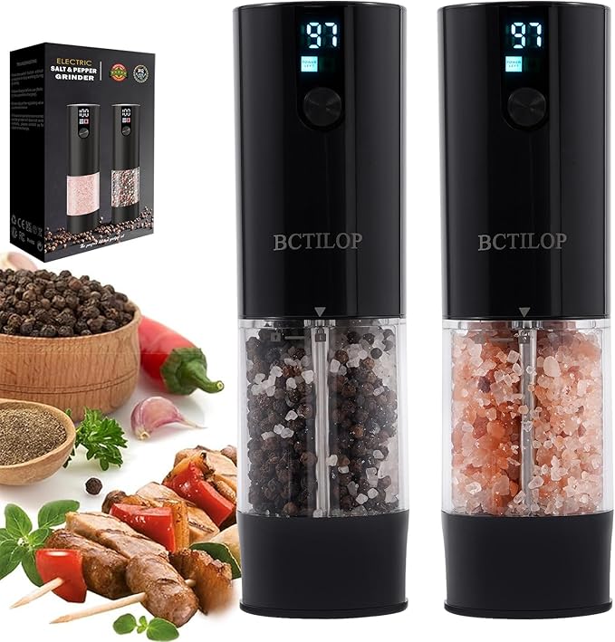 BCTILOP 2Pack Electric Salt and Pepper Grinder Set with Power Display, USB Rechargeable Automatic Salt & Pepper Mills, Adjustable Coarseness, 120ml Larger Capacity with LED Light (Black Set)
