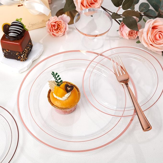 bUCLA 600PCS Clear Rose Gold Plastic Dinnerware Set Disposable - Include 100 Dinner Plates, 100 Dessert Plates, 100 Knives, 100 Forks, 100 Spoons, 100 Cups for Party & Wedding