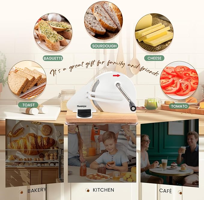 Huanyu Manual Bread Slicer Upgrade Foldable Sourdough Cutter Versatile Hand Crank Stainless Steel Blade Adjustable Thickness with Scale Line & Suction Cup for Homemade & Commercial Use White