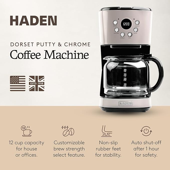 HADEN 12-Cup Programmable Coffee Maker for Home or Office, Putty & Chrome – Drip Brewer Machine with Brew Strength, Delay Brewing, Auto Shut-Off and Reusable Washable Water Filter