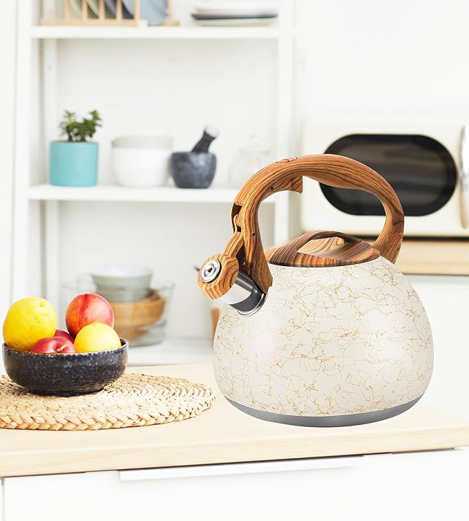 Foedo 3.2Qt Stainless Steel Whistling Tea Kettle Stovetop, Off-white