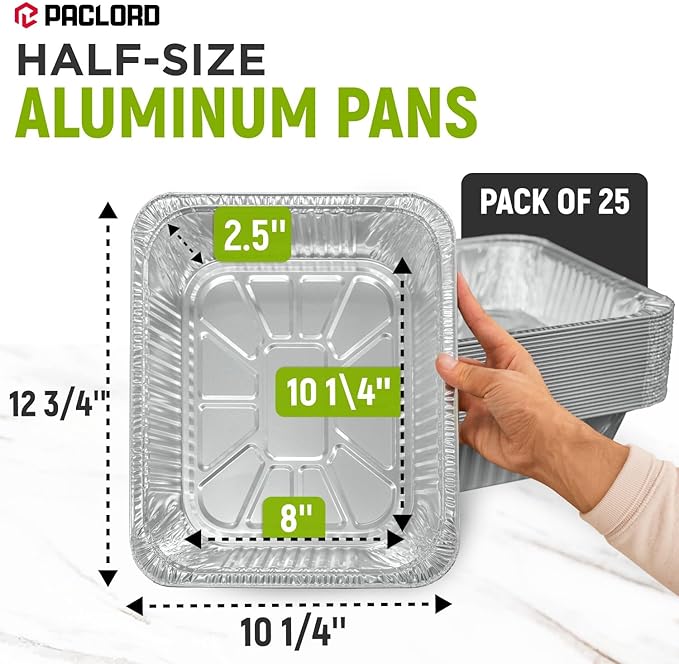 Paclord Aluminum Foil Pans - Half-Size 9" x 13", Pack of 25 - USA-Made Disposable Aluminum Trays for Steam Table & Chafing Racks - Great for Baking, Catering, BBQ, Parties, Food Delivery