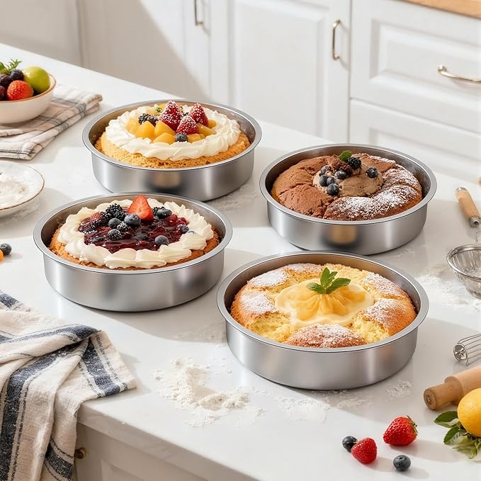 Ohtomber 8 Inch Stainless Steel Layer Cake Pan, Set of 4